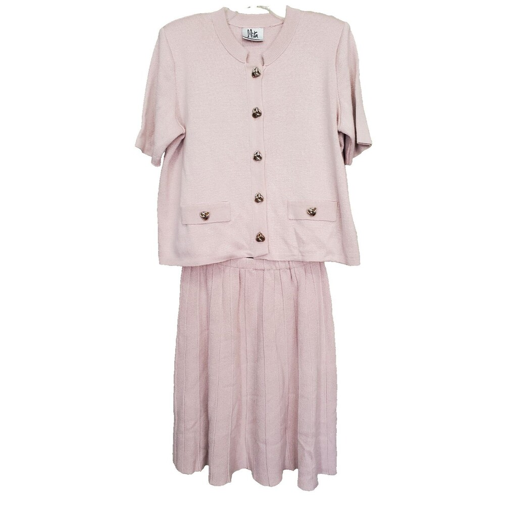 Mita Vintage Pink Knit Button-Up Jacket & Pull-On Skirt Size 14P Old Money